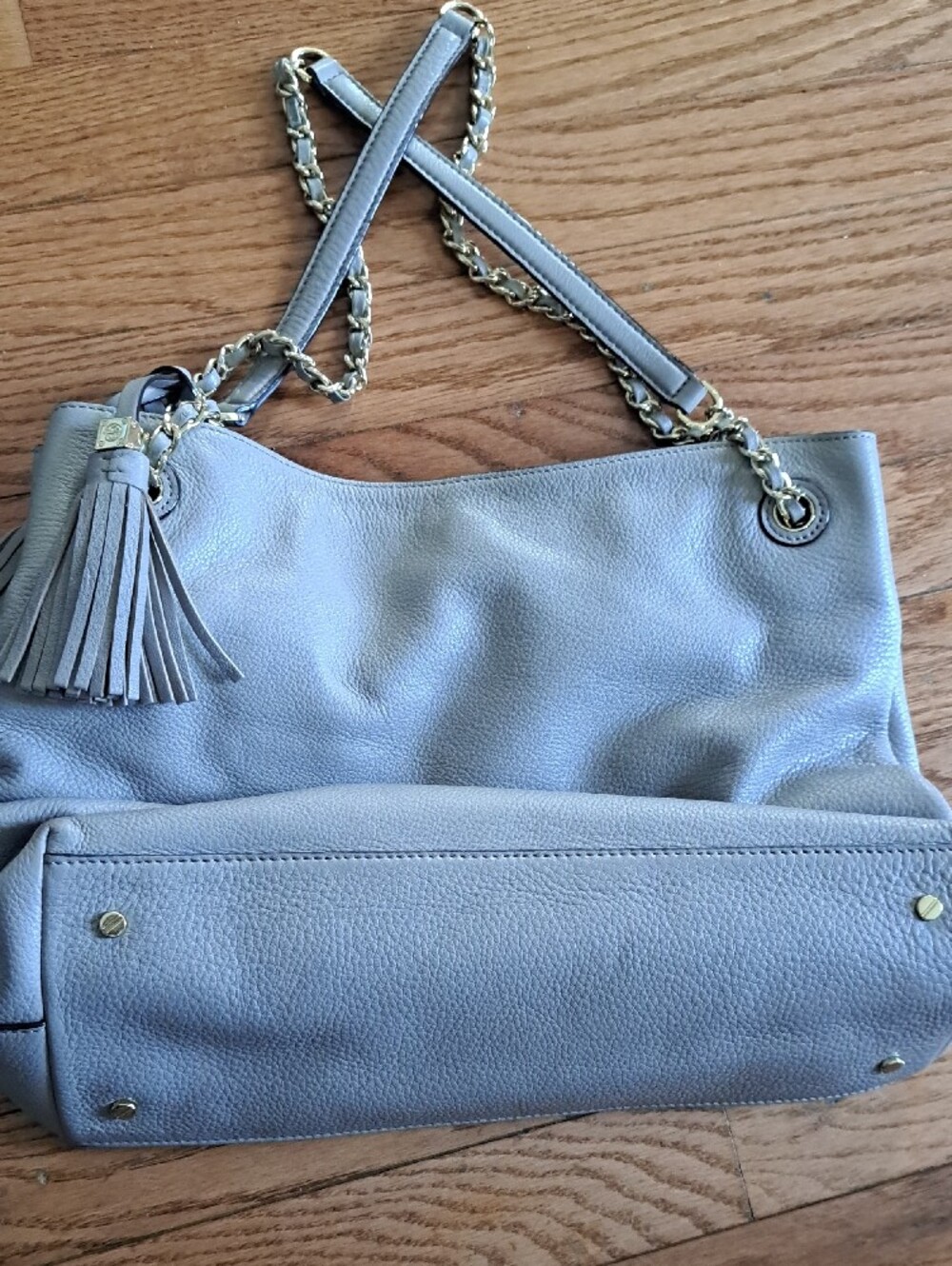 Tory Burch Light Grey Leather Chain-Handle Shoulder Tote with Tassels - Picture 8 of 10